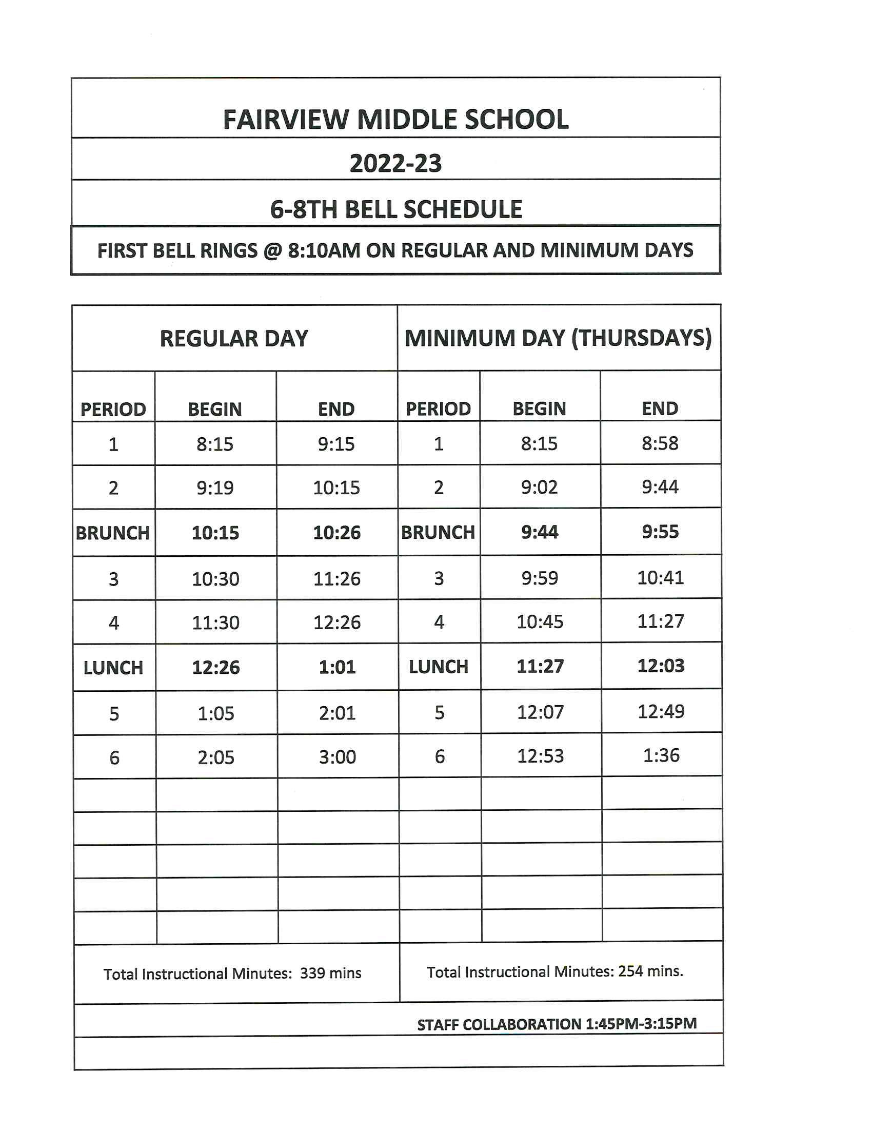 2022 2023 Bell Schedule Fairview Middle School