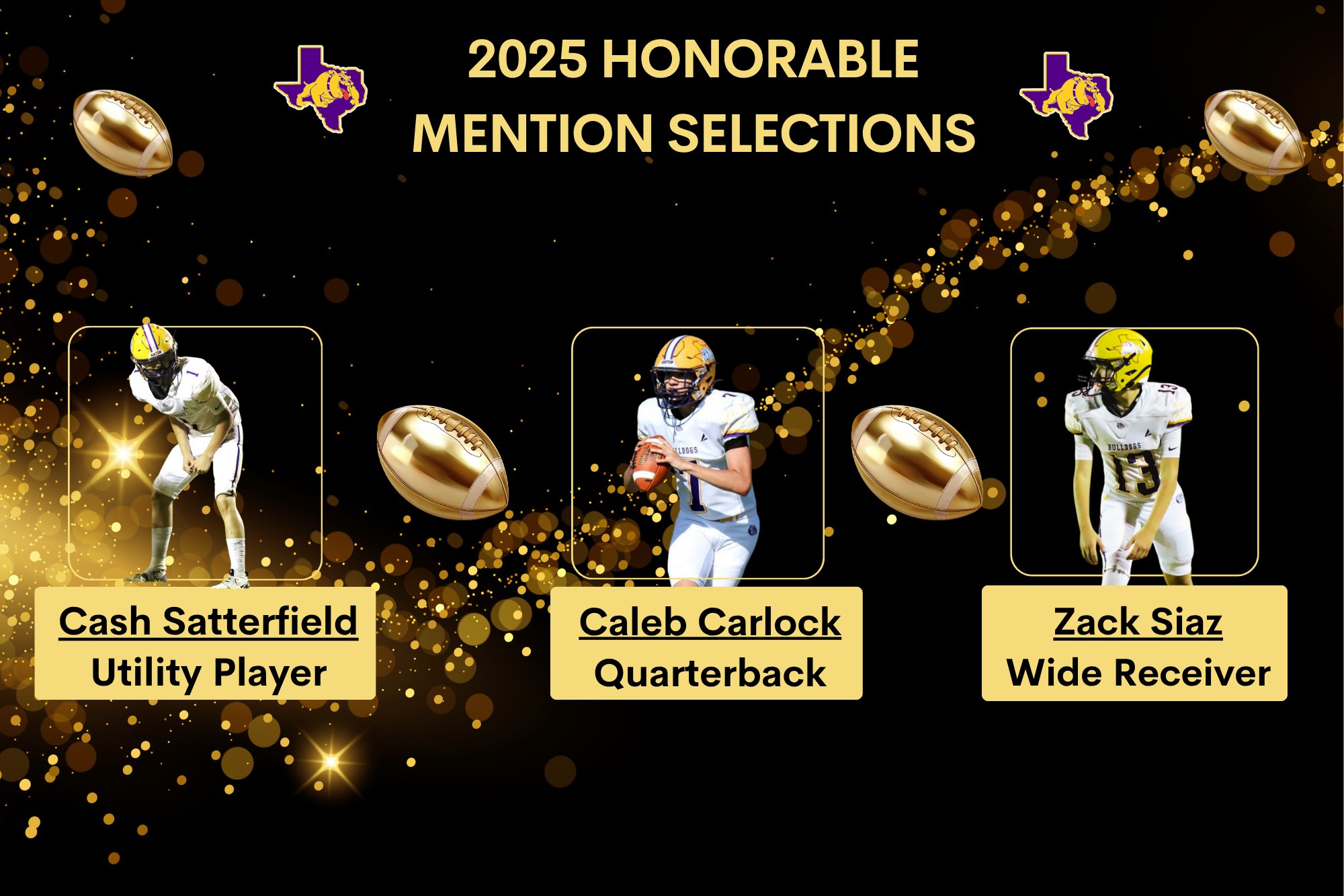 2025 Honorable Mention Selections Cash Satterfield – Utility Player Caleb Carlock – Quarterback Zack Zias – Wide receiver