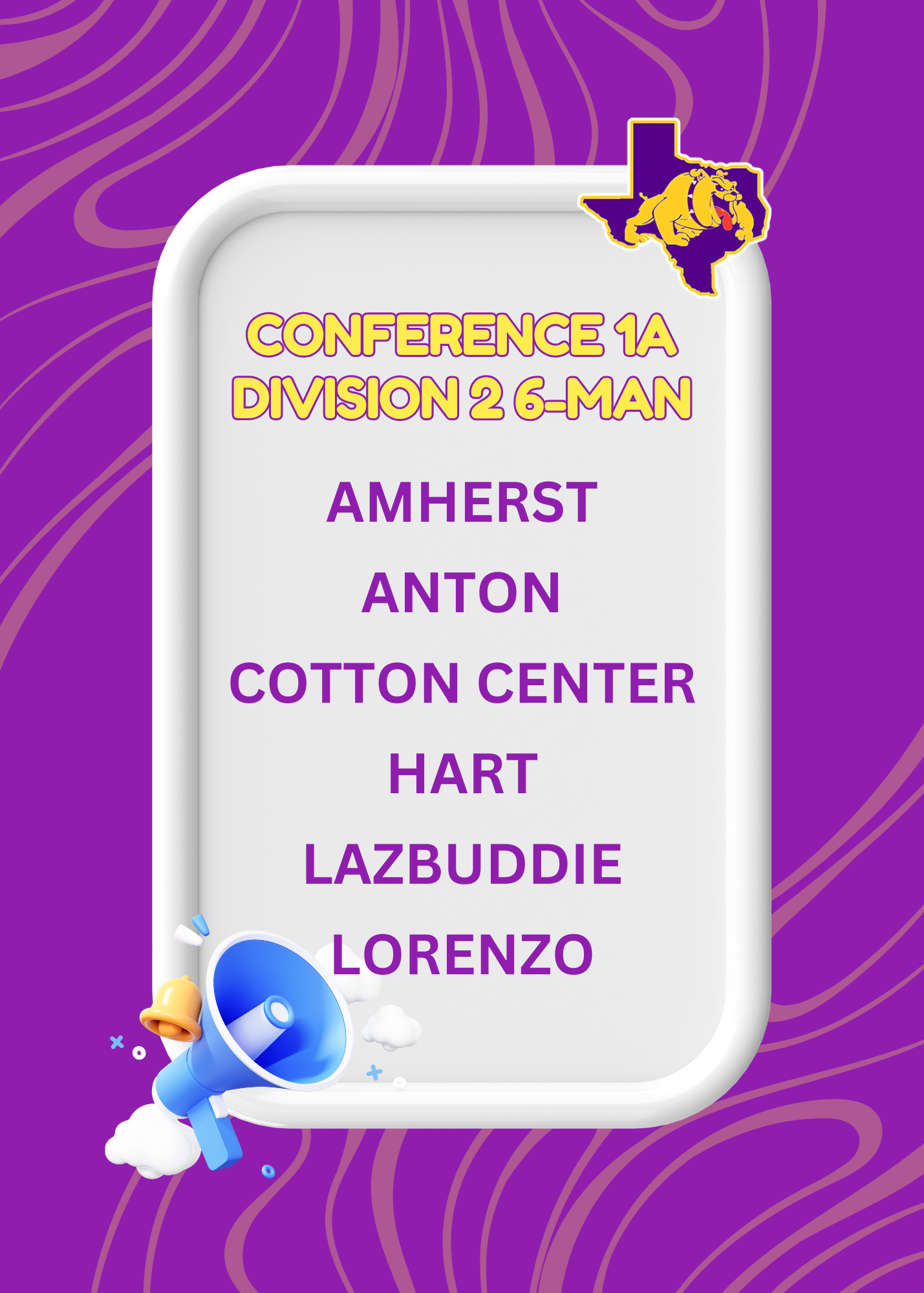 2026 - 28 Official District Alignment Conference 1A Division 2 6-Man - Amherst, Anton, Cotton Center, Hart, Lazbuddie, Lorenzo