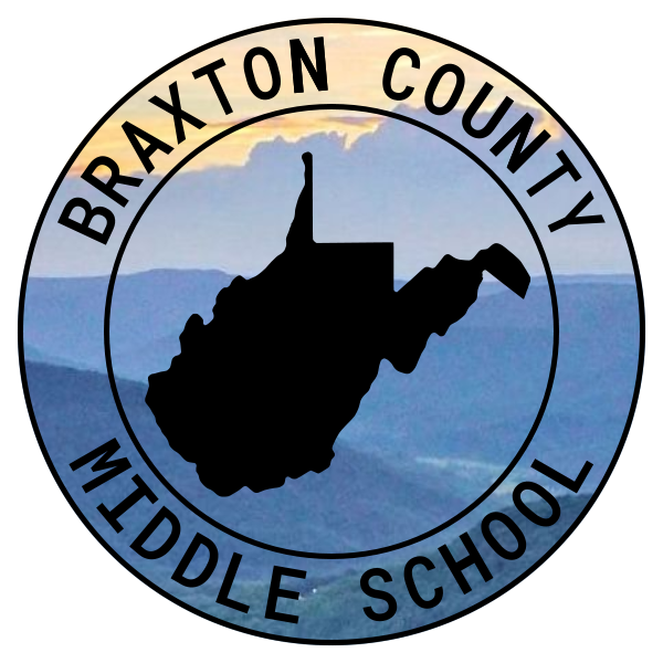 Braxton County Middle School emblem with a mountain background