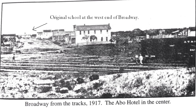 Broadway from the railroad tracks, 1917. The school can be seen at the west end of the road.