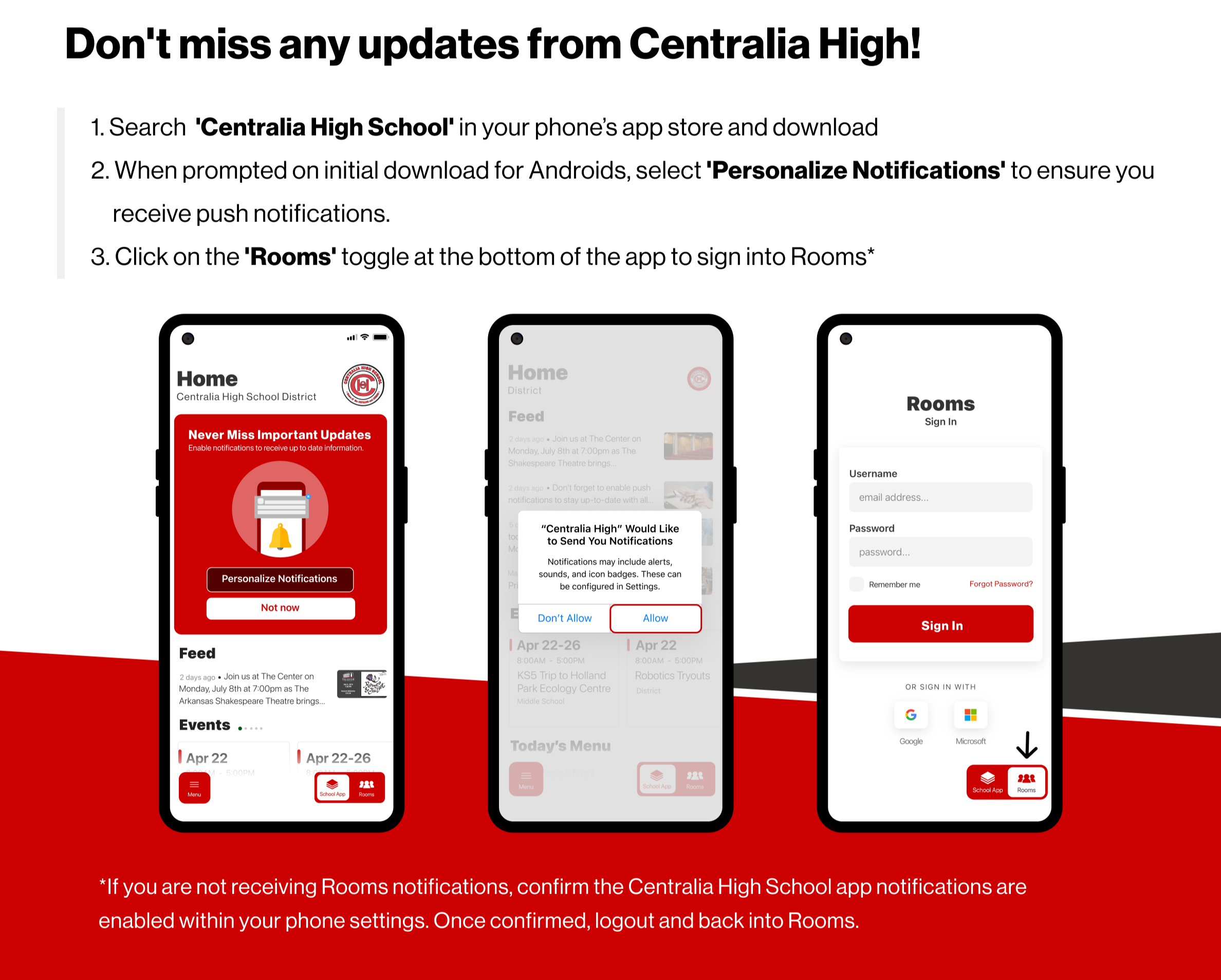 Say hello to Parent-Teacher chat in the new Rooms app. Download the Centralia High School app in the Google Play or Apple App store.