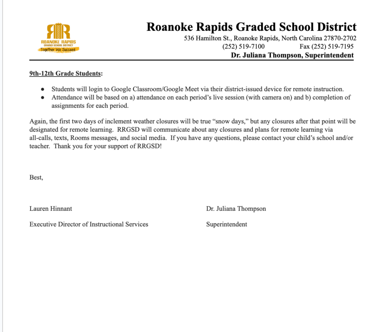 Letter to RRGSD Families Regarding Remote Learning Plans