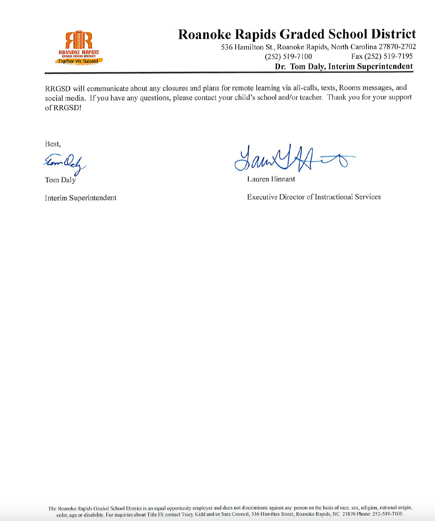 Letter to RRGSD Families Regarding Remote Learning Plans