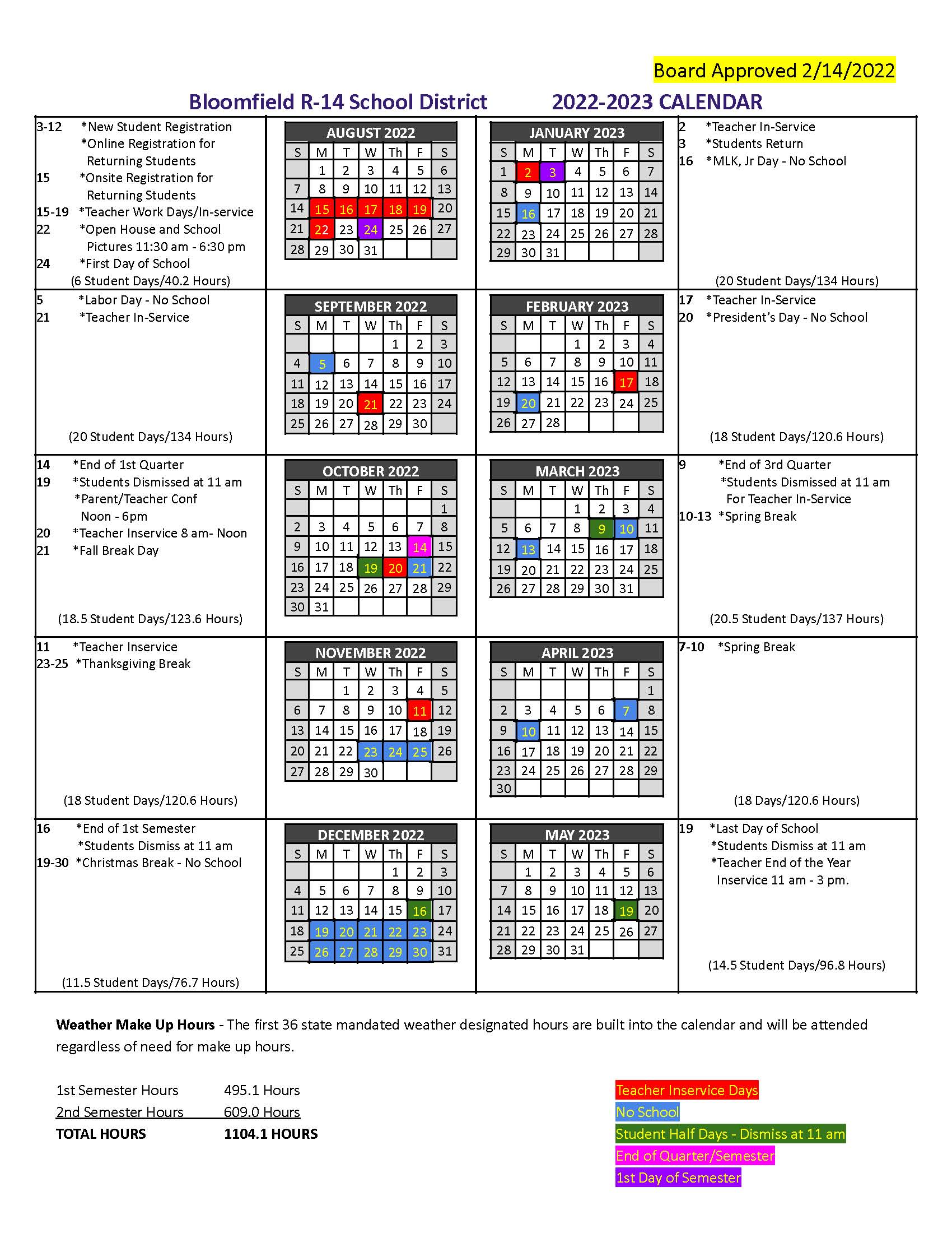 Bloomfield School District Calendar 2023 and 2024