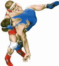 Drawing of two youths practicing wrestling