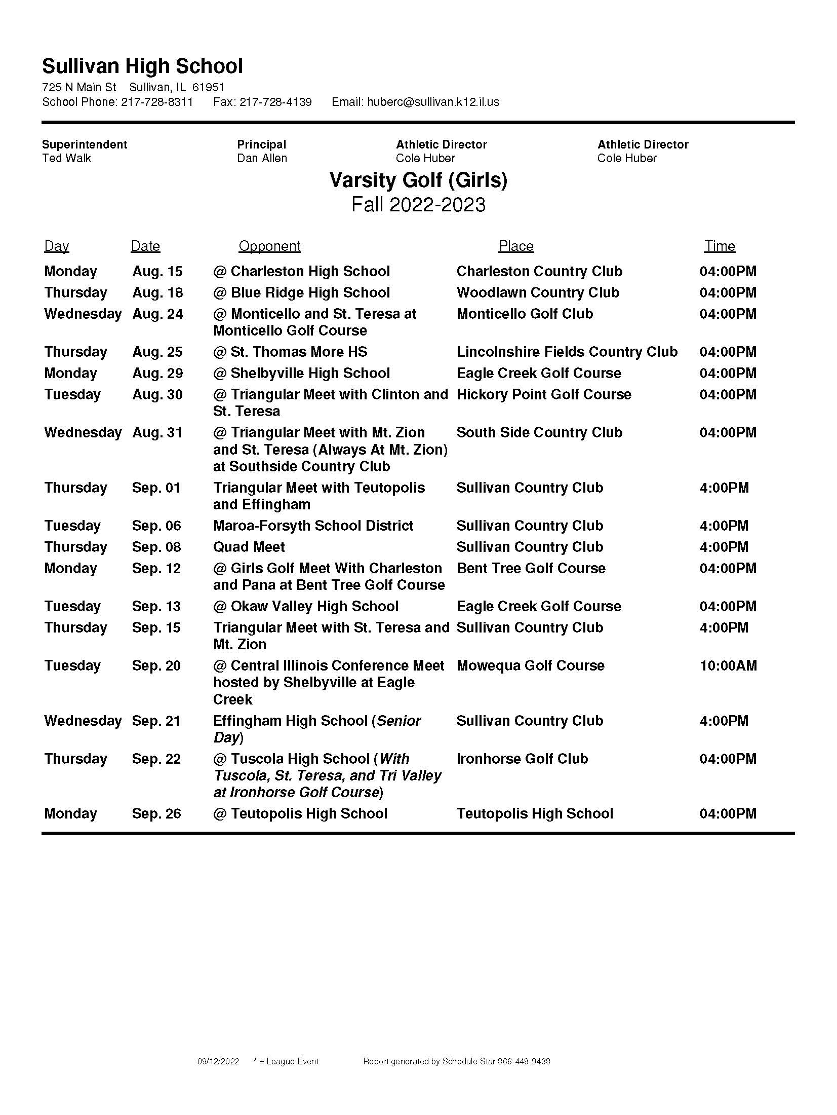 SHS Golf Schedule Girls
