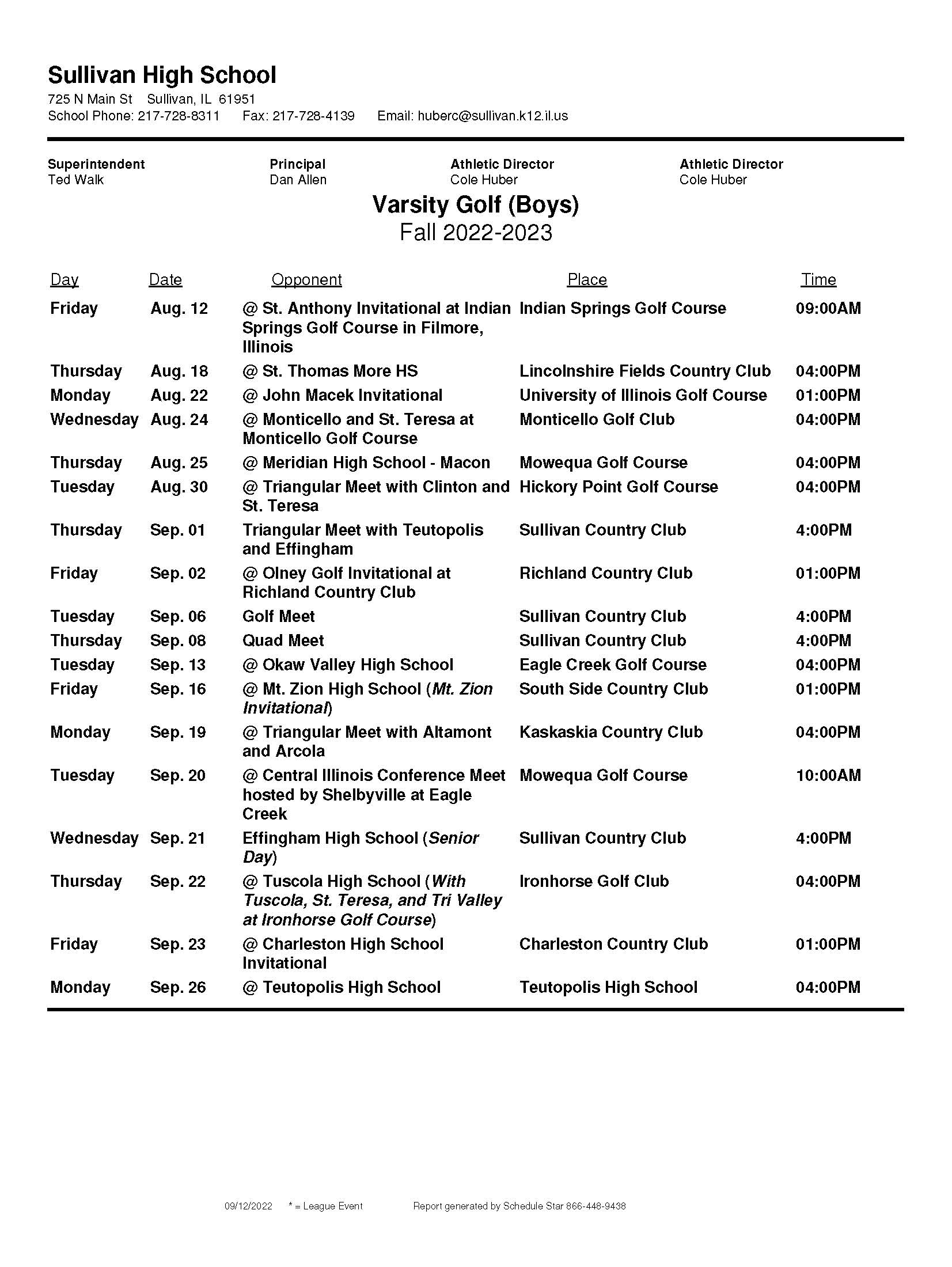 SHS Golf Schedule Boys