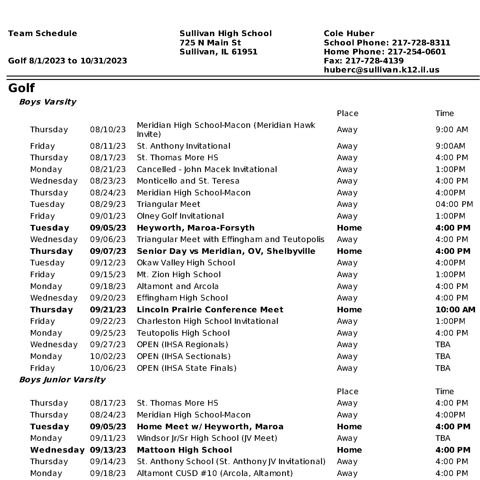 SHS Golf Schedule Boys