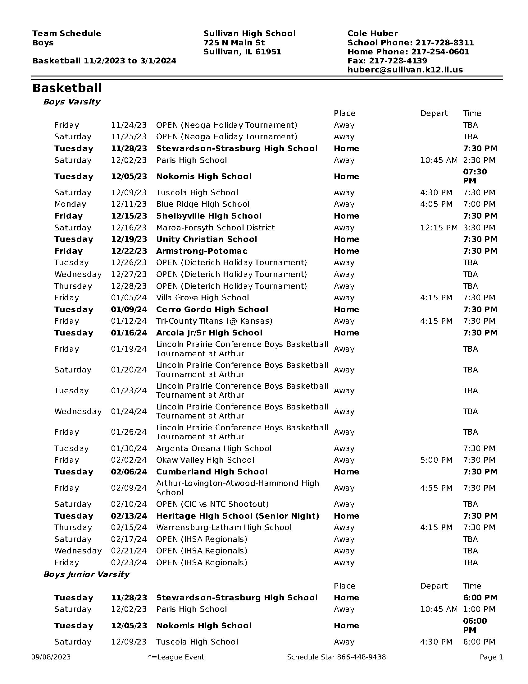 Boy's Basketball Schedule Page 1