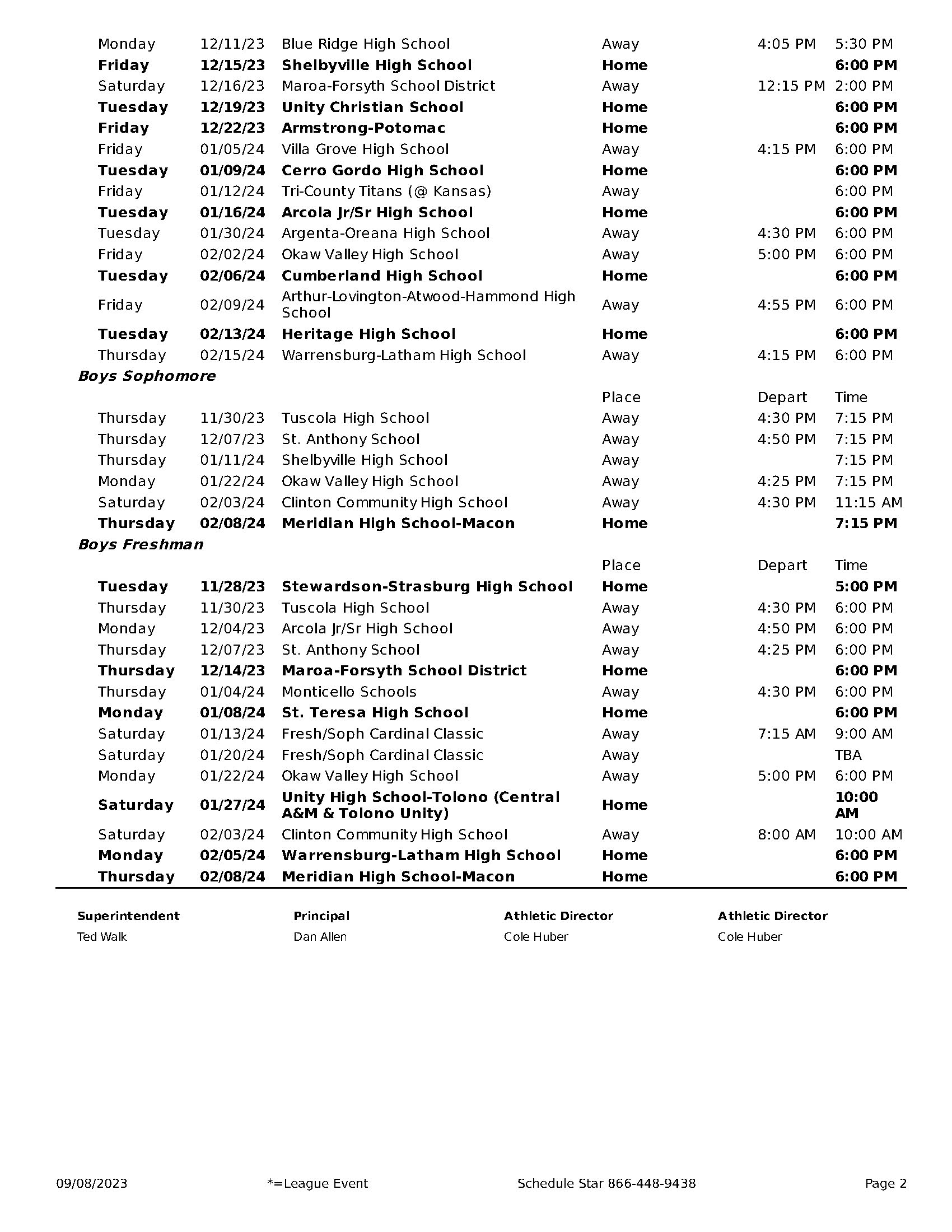 Boy's Basketball Schedule Page 2