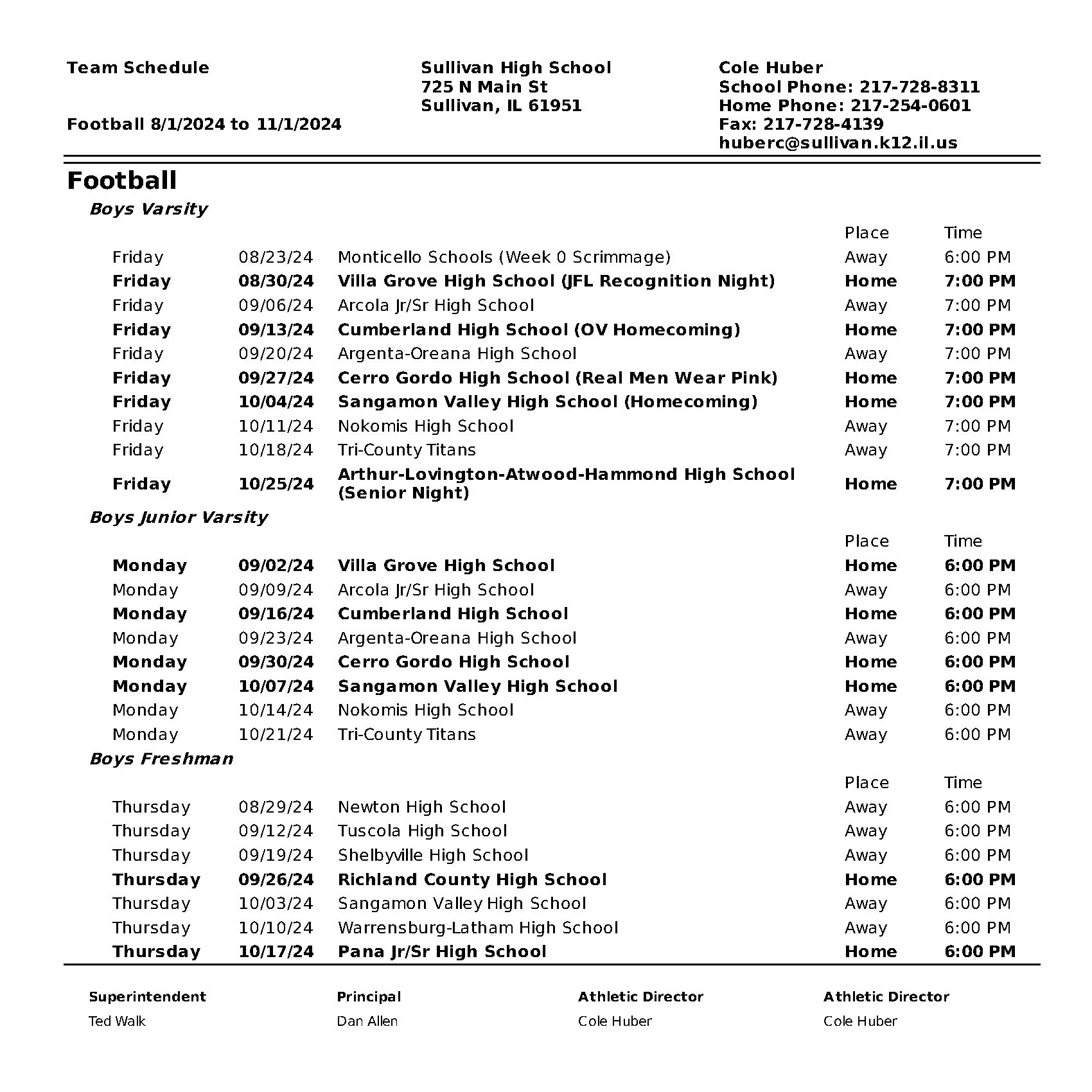 Varsity Schedule