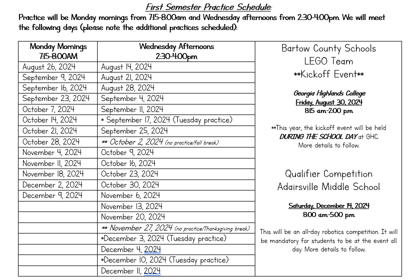 schedule for robotics practices