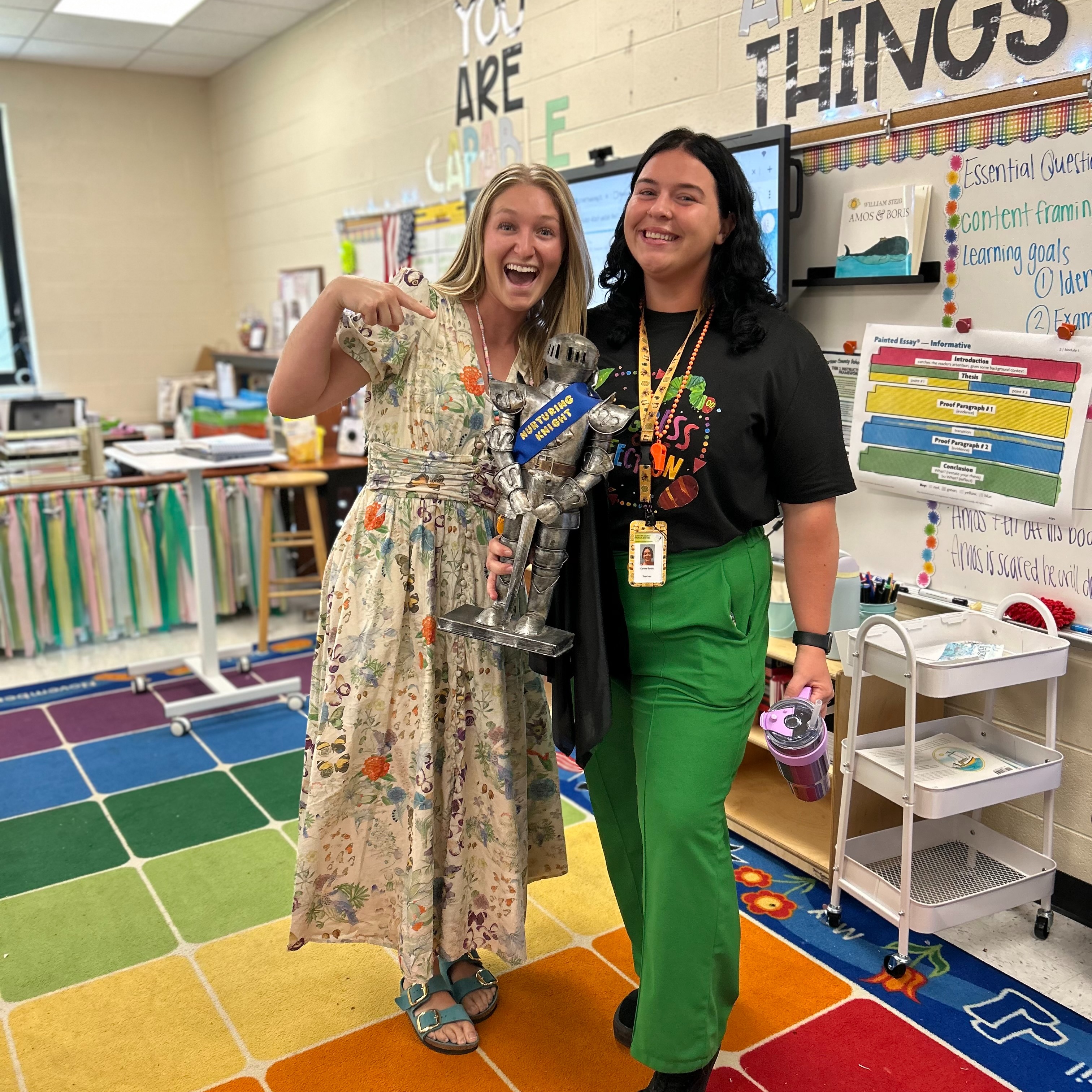 This person always has a positive attitude around school and her kiddos. She displays a love for teaching and her children. She is supportive, encouraging, kind, and committed to her love for kids. Everyday this knight has a smile on her face even in the midst of an intense ear infection 😂❤️. She is one of a kind! 