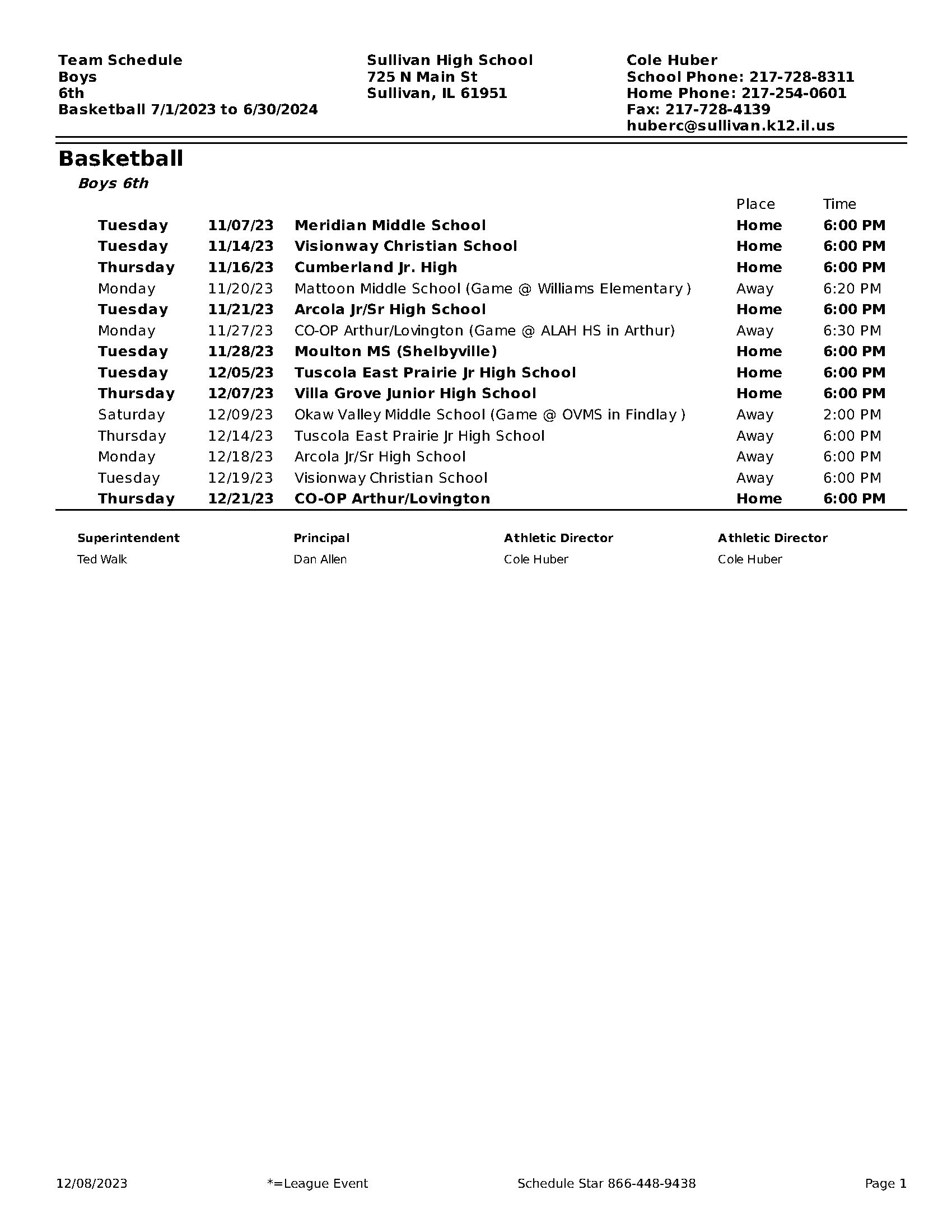 6th Grade Schedule