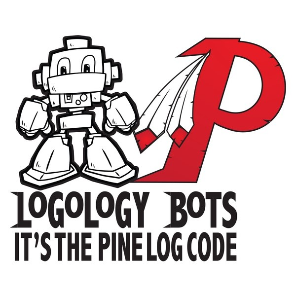 Title Logology Bots with text: Logology Bots It's the Pine Log Code and a Pine Log P with two feathers logo