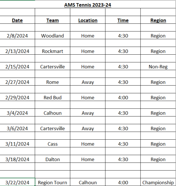 2024 Tennis Schedule