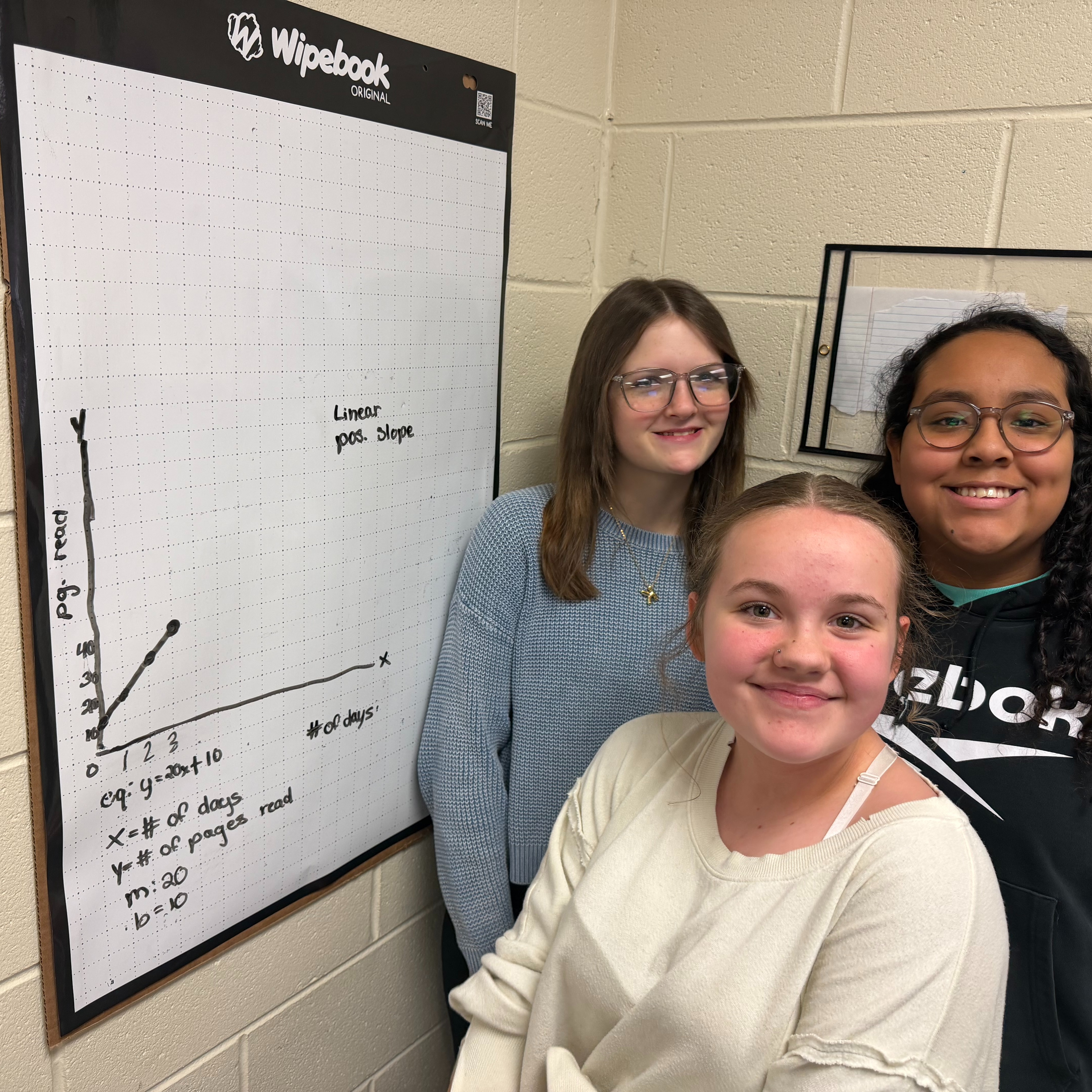 Three women pose together, smiling, in front of a whiteboard displaying a graph. One wears glasses and a necklace.