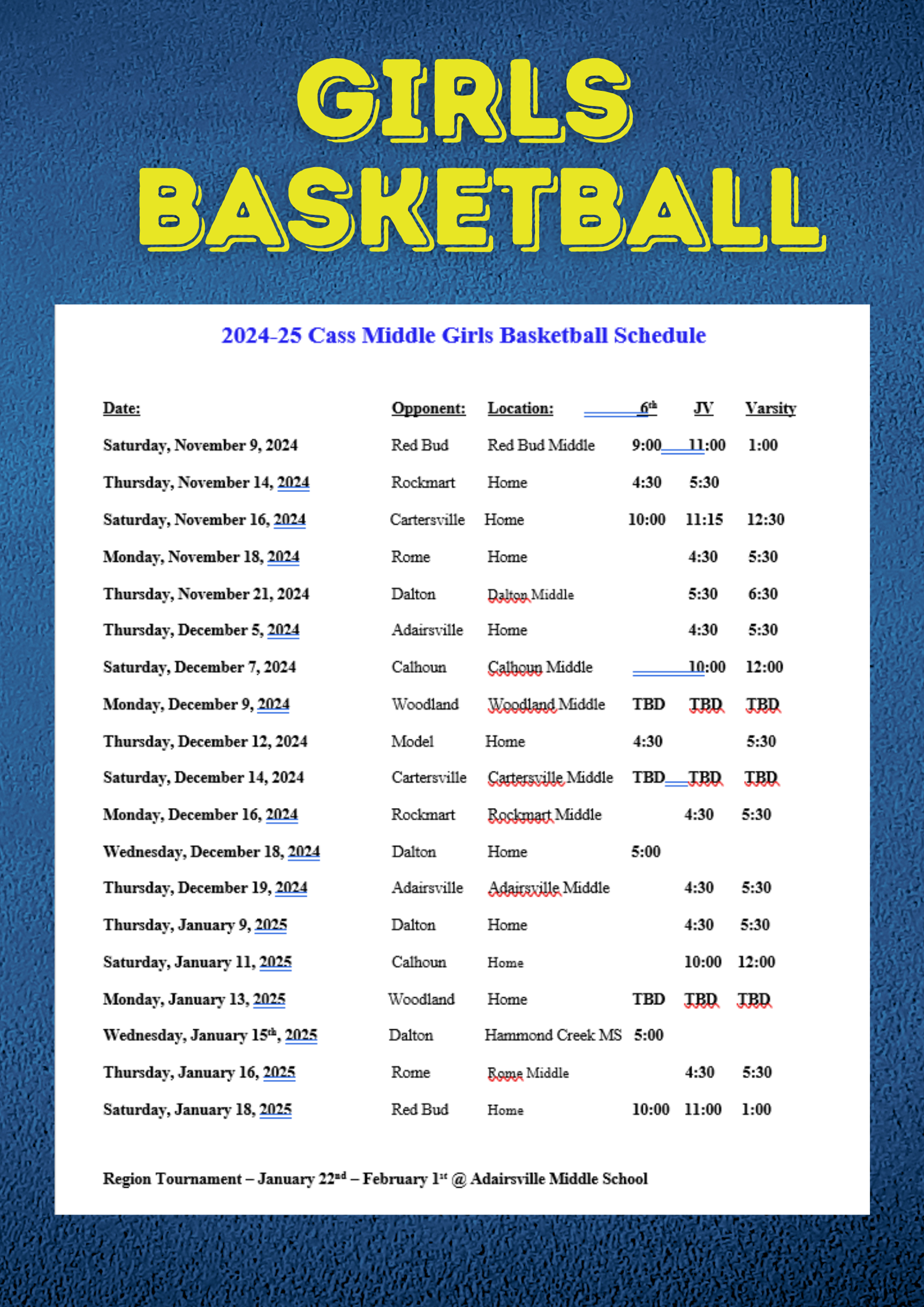 2024-2025 girls basketball schedule