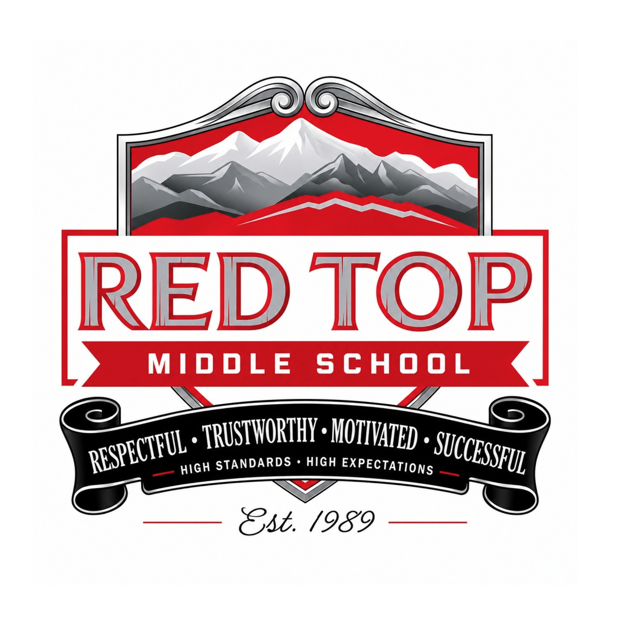 Logo for Red Top Middle School featuring mountains, banner with values, and established year, set against a white background.