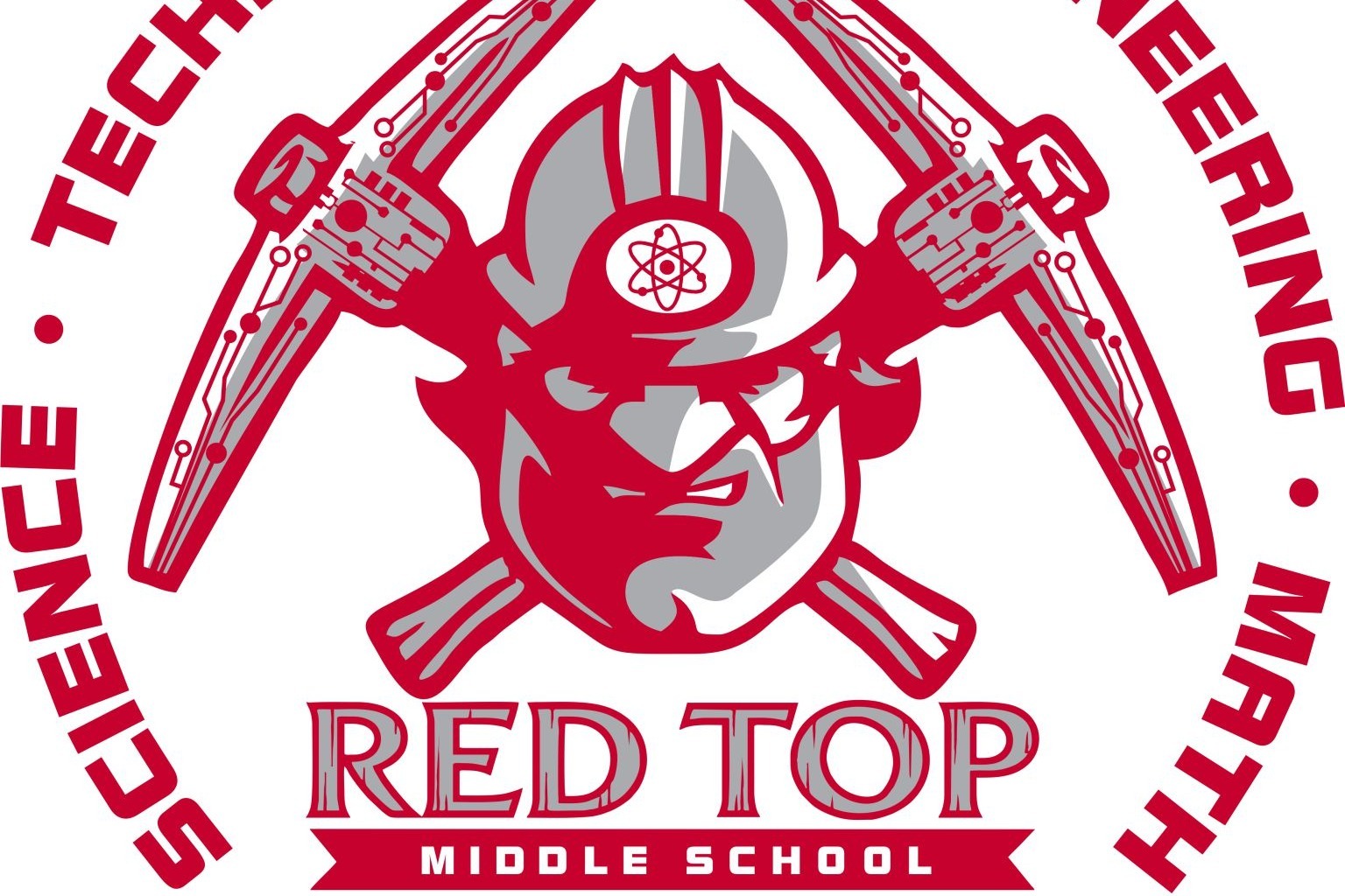 Red Top Middle School STEM logo with crossed tools, a helmet, and a face mask with a red background.