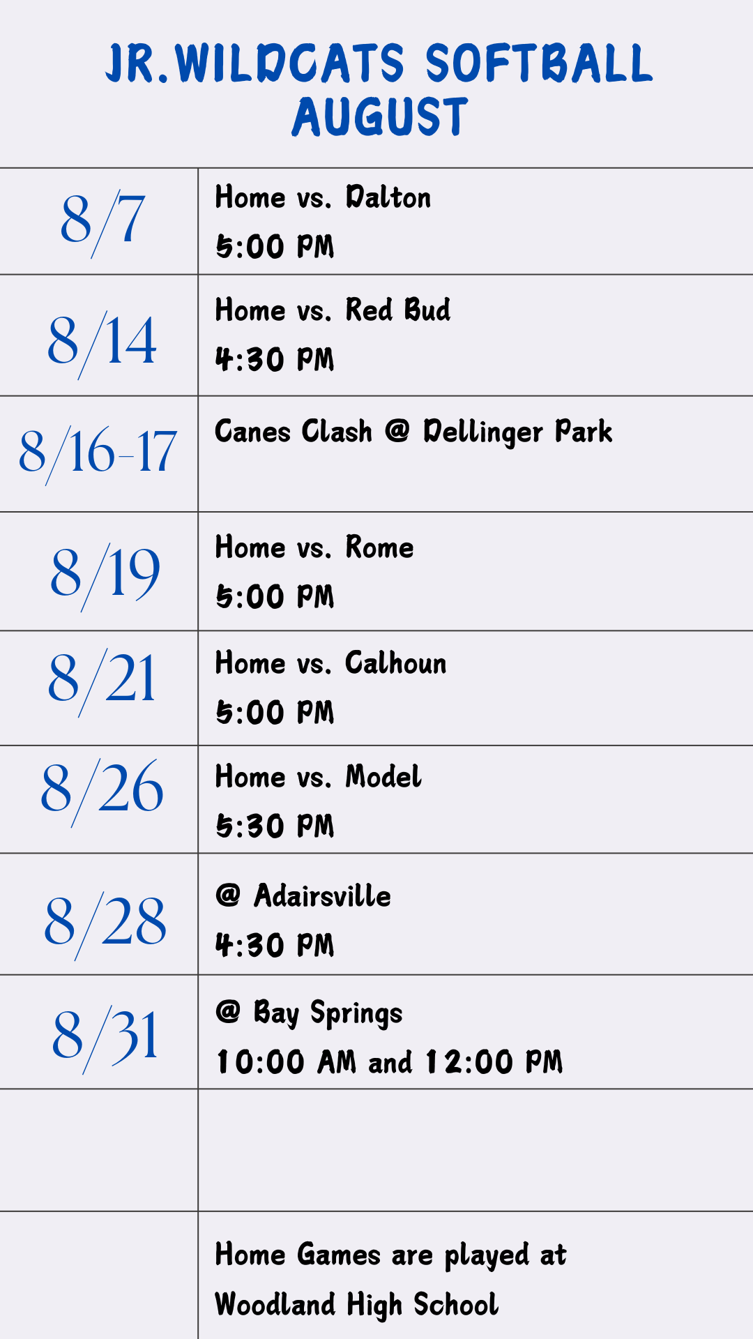 Softball August Schedule