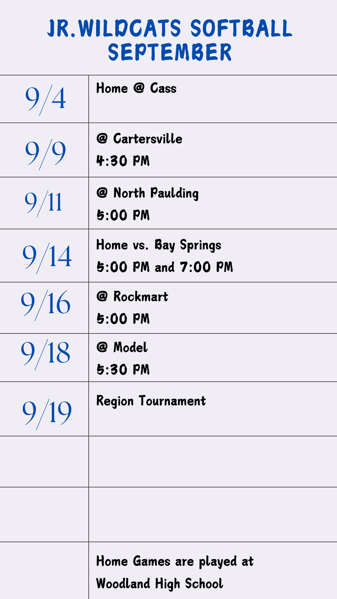 Softball September Schedule