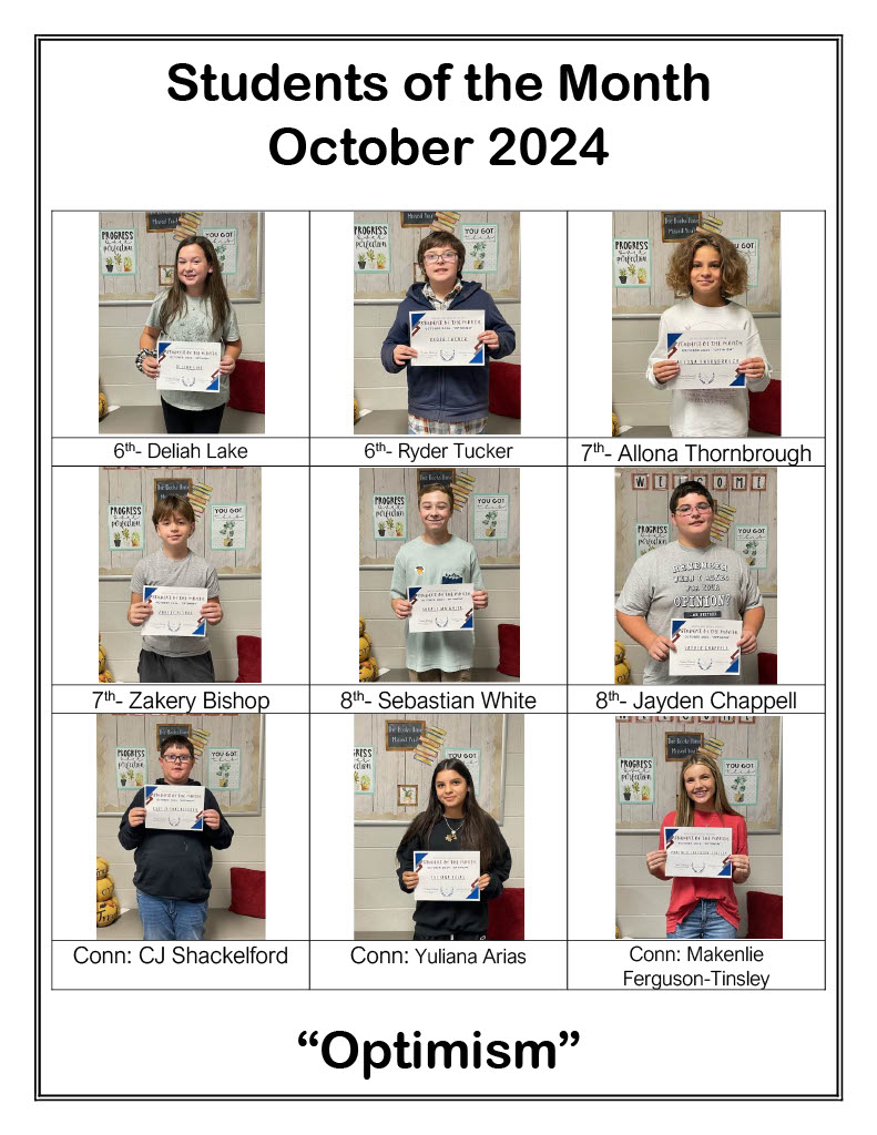 Student of the Month. October 2024. Optimism. 6th: Deliah Lake and Ryder Tucker. 7th: Allona Thornbrough and Zakery Bishop. 8th: Sebastian White and Jayden Chappell. Connections: CJ Shackelford, Yuliana Arias, Makenlie Ferguson-Tinsley.