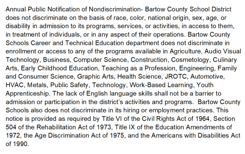 CTAE Public Notice of Non-Discrimination