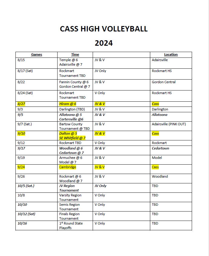 Cass High School 2024 Volleyball Schedule