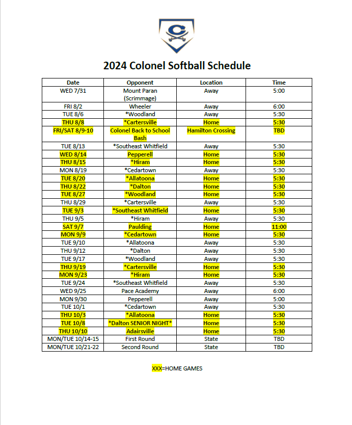 CHS Softball Schedule 2024