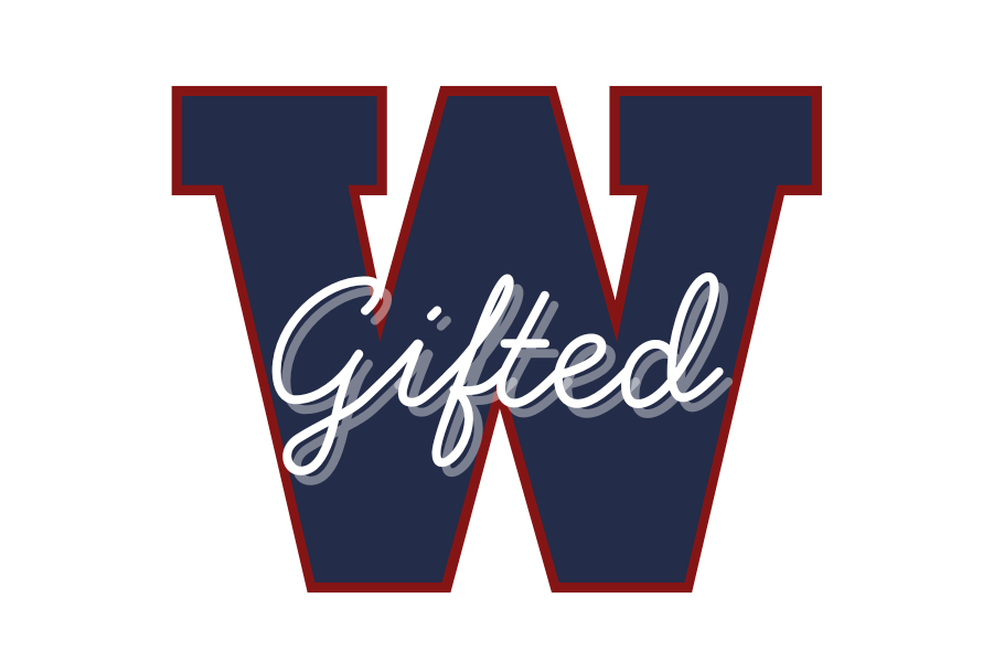 Navy blue W outlined in red with a white cursive word in the middle: gifted
