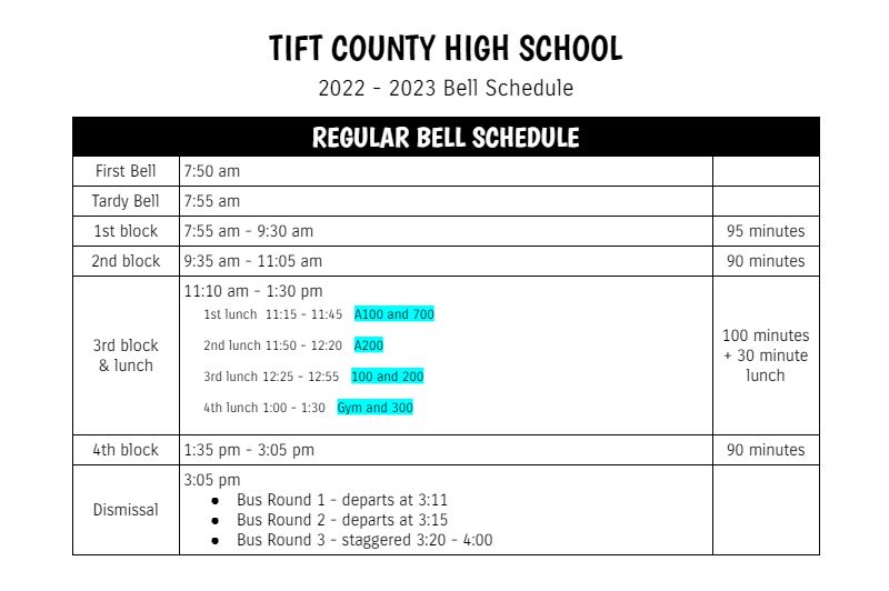 Bell Schedule | Tift County High School