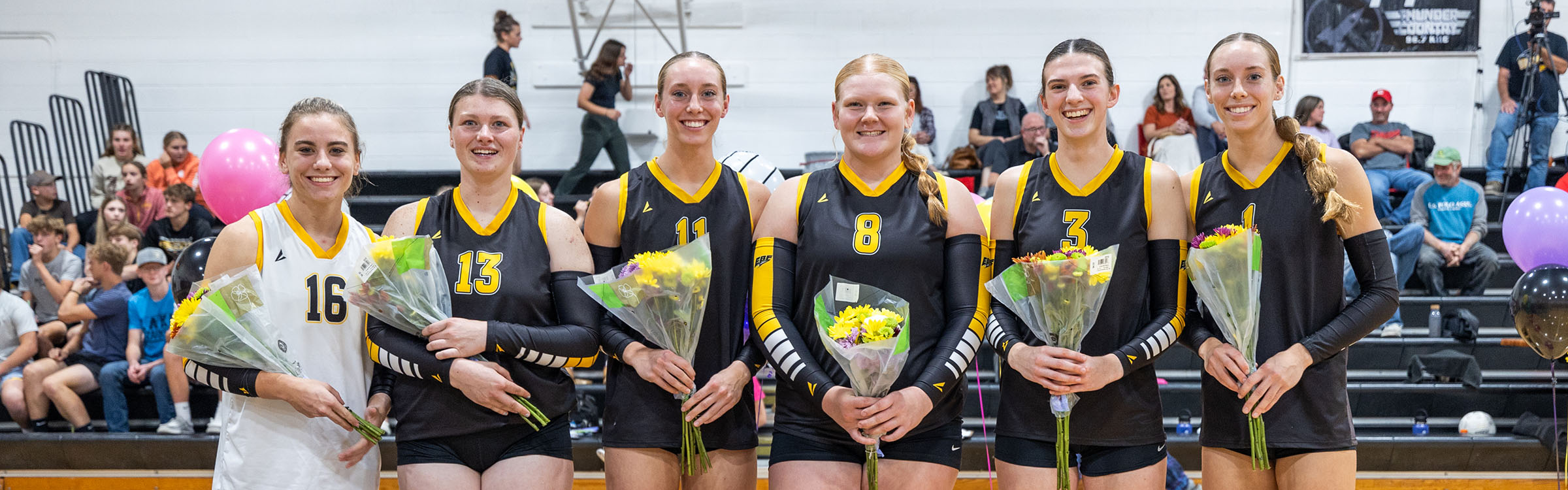 Image of the seven EBF senior volleyball players on Senior Night