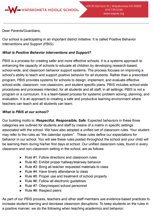 PBIS Parent Letter