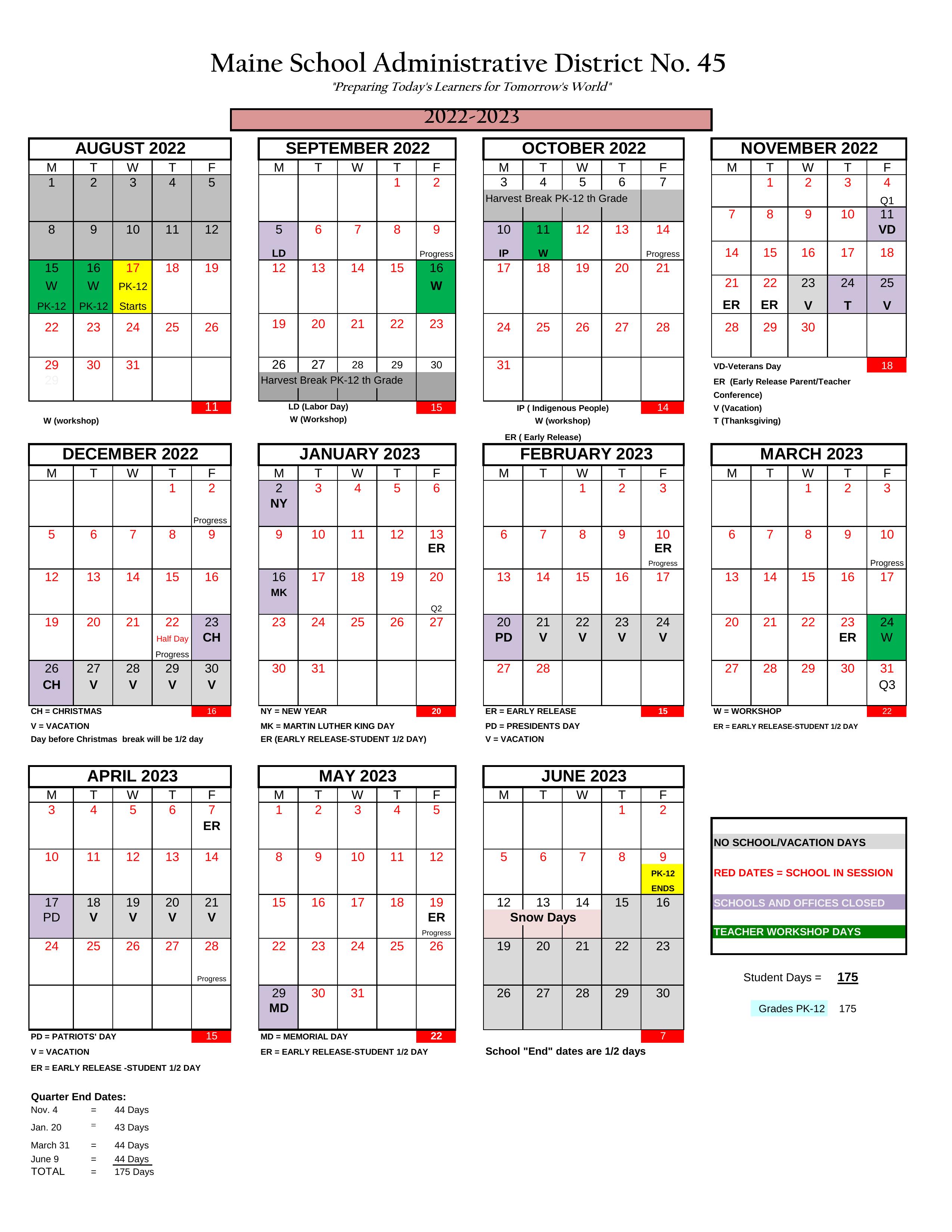 20222023 School Calendar MSAD 45