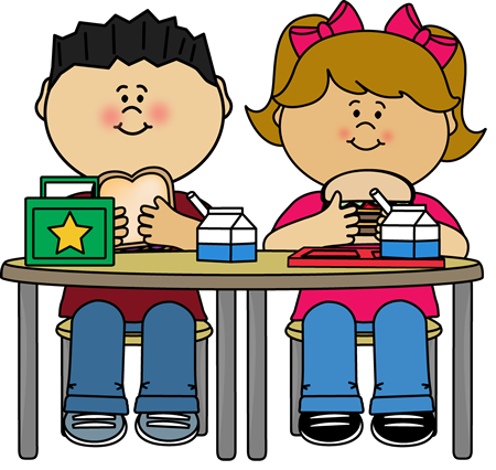 Clipart cartoon of a boy and girl eating school lunches