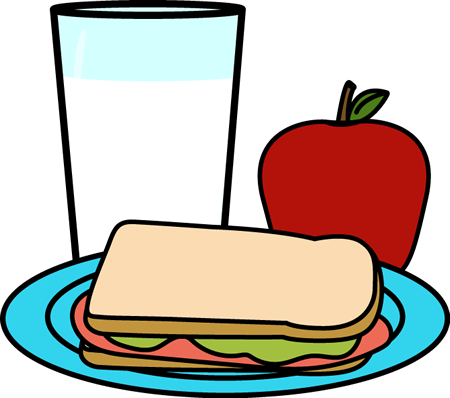 Clipart of milk, apple, and a sandwich on lunch tray
