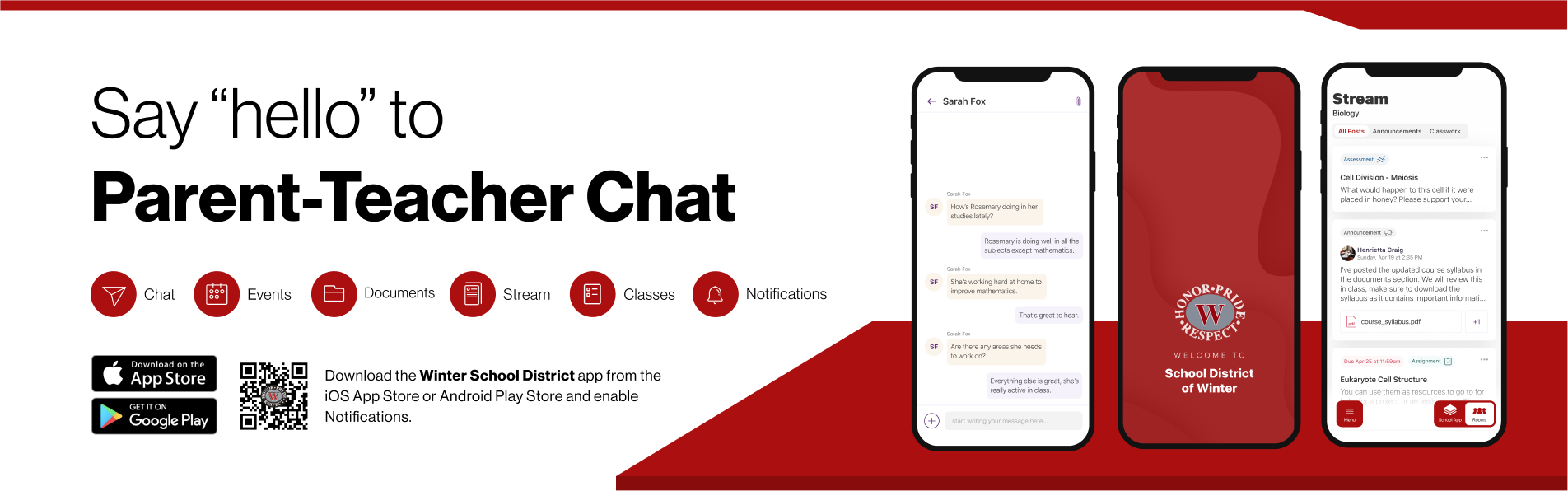 Say hello to Parent-Teacher chat in the new Rooms app. Download the School District of Winter app in the Google Play or Apple App store.