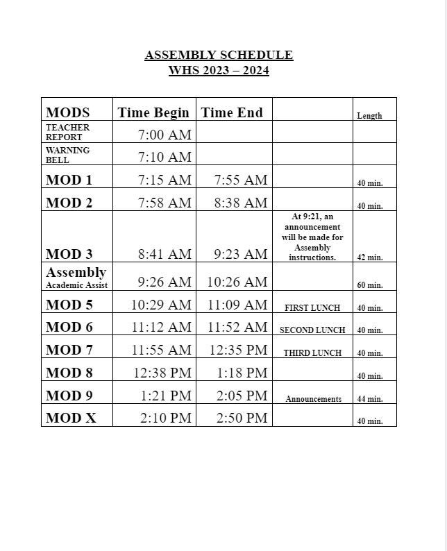 Bell Schedules Washington High School
