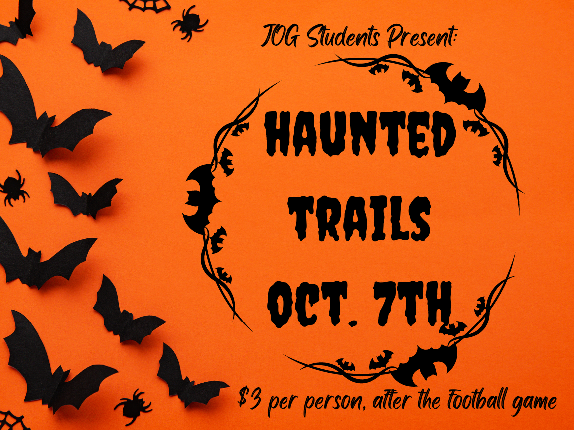 bats on orange background jog students present haunted trails oct. 7th $3 per person after the football game
