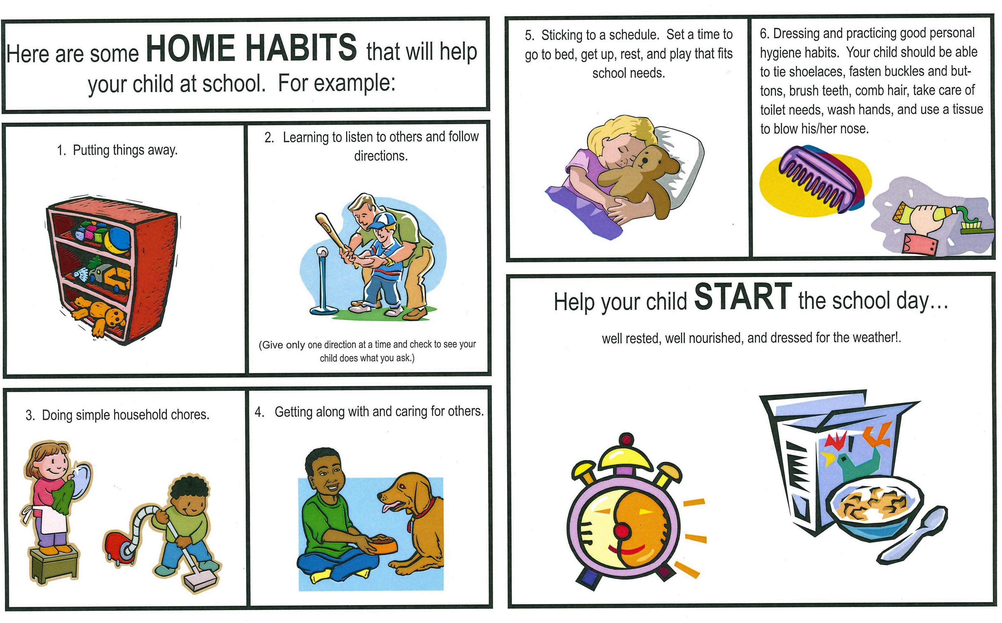 Home Habits to help your child at school grid with clipart