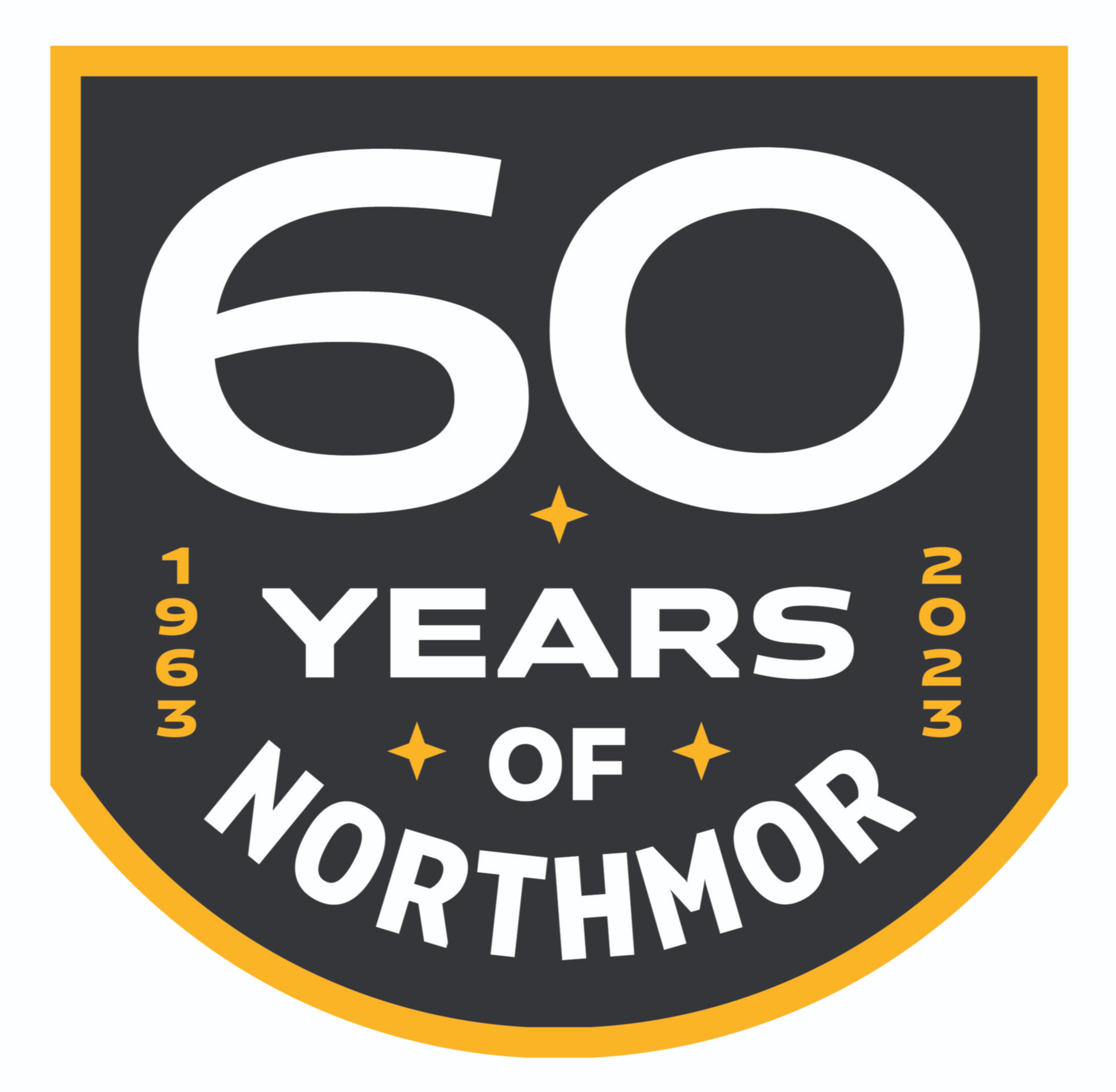 60 years of northmor 1963 2023 in white and gold on black shield with gold trim