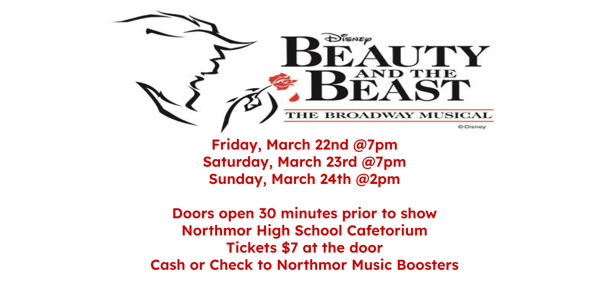 disney beauty and the beast the broadway musical in black white and red with outline of beast holding a rose