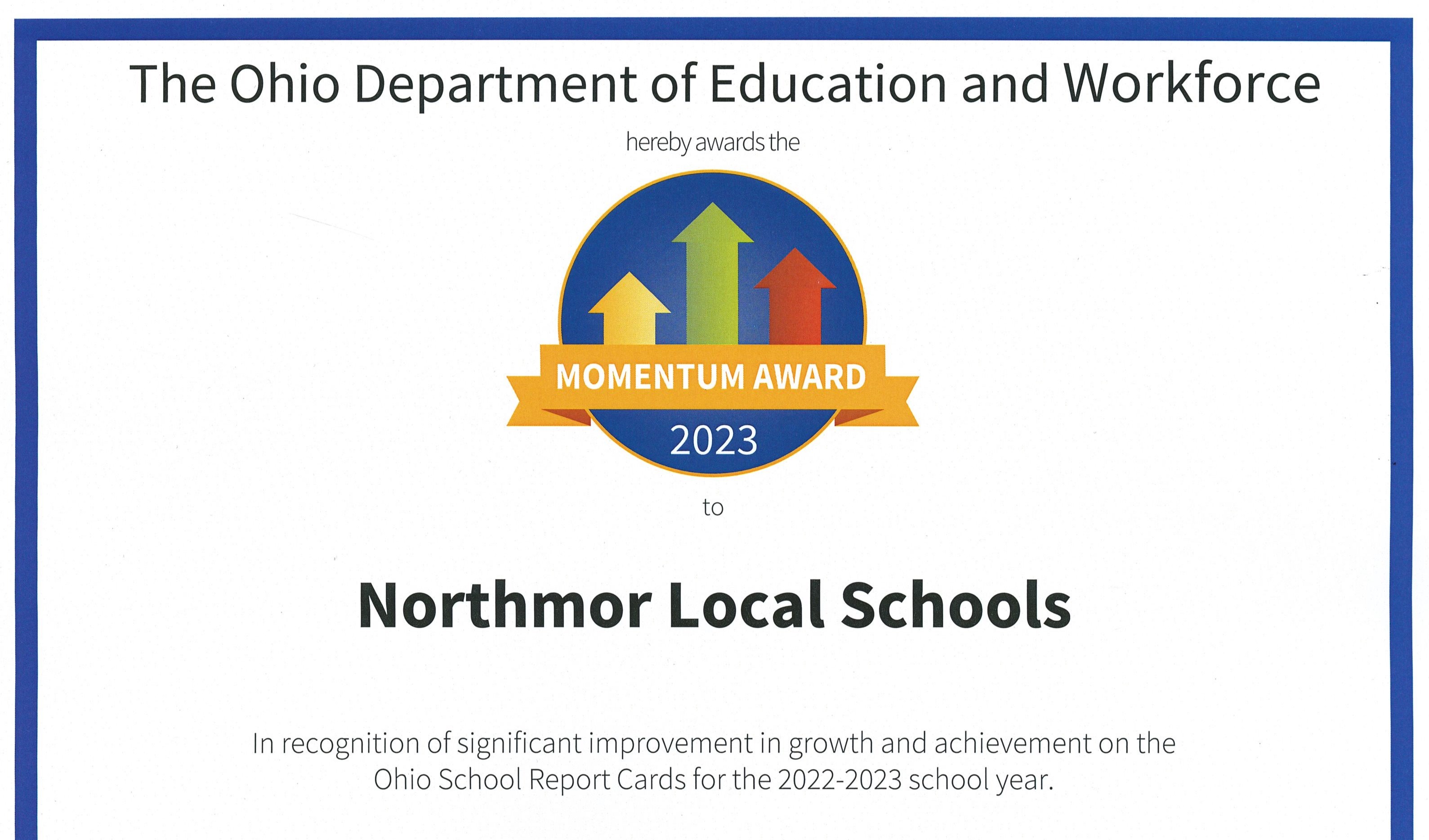 Ohio department of education and workforce momentum award image