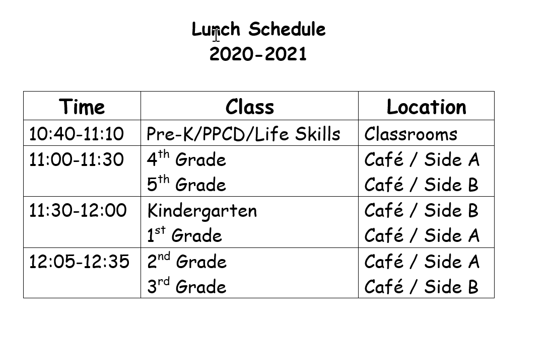 Lunch/P.E. Schedule Shields Elementary School