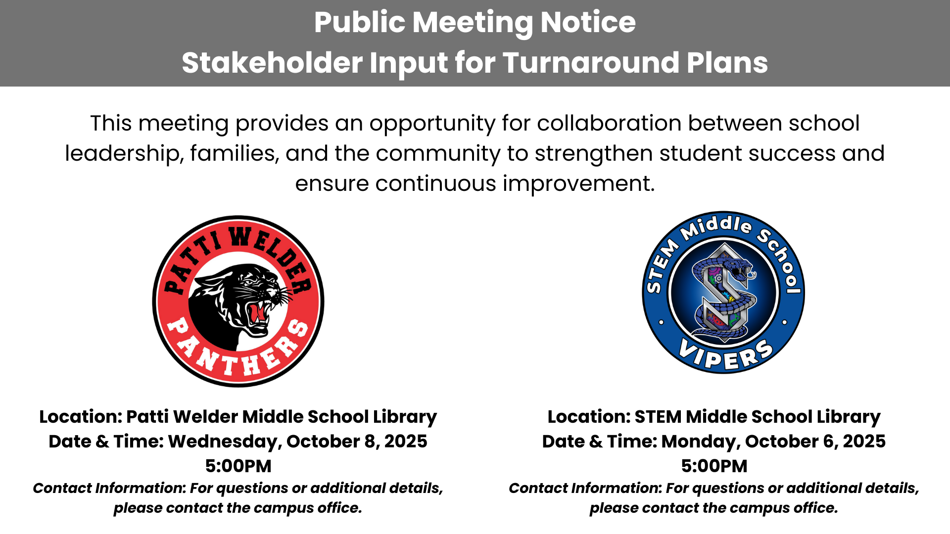 Notice of meeting to be held at Patti Welder on Wednesday, October 8 at 5 PM in the Library