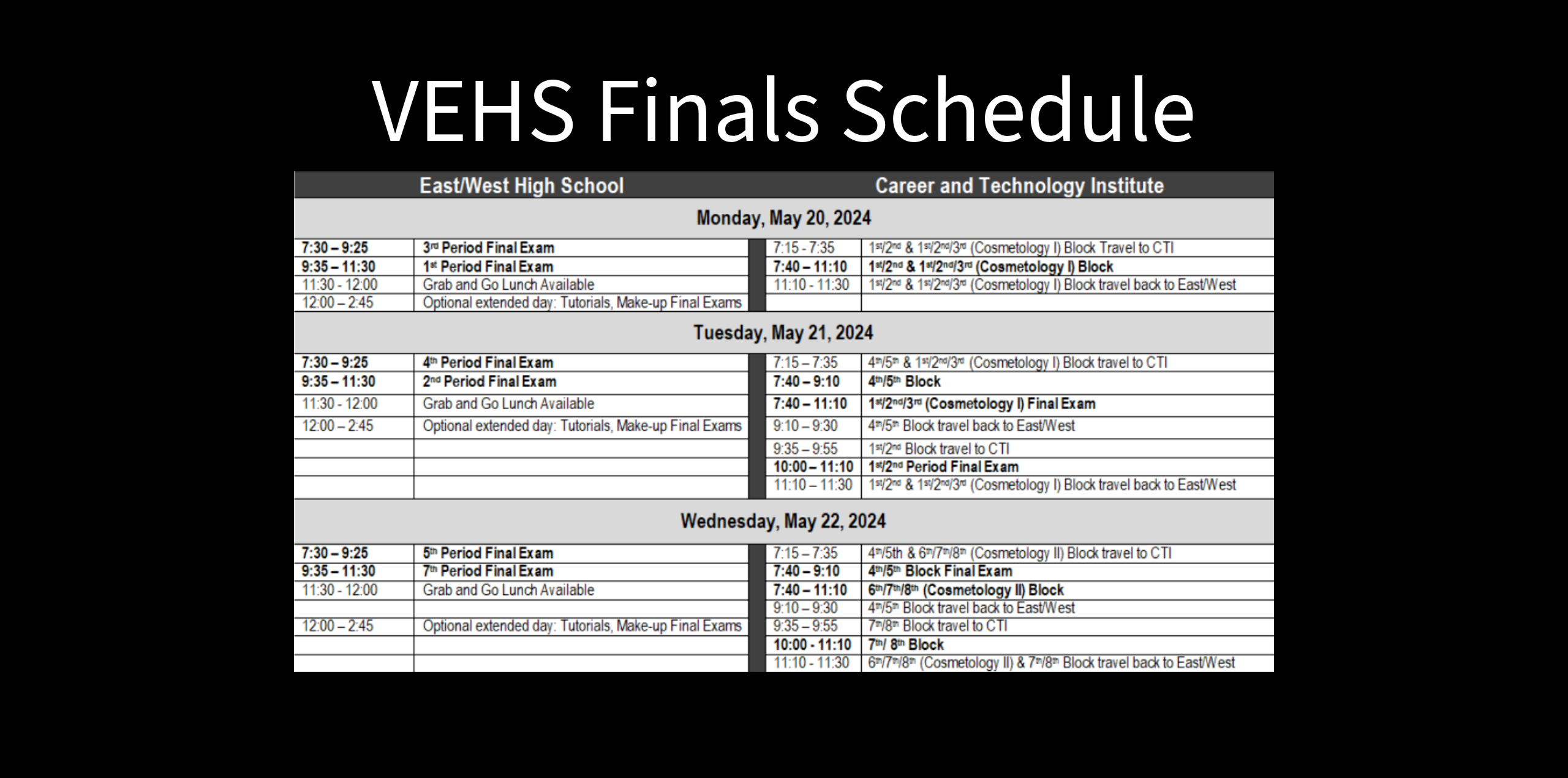 VEHS Finals Schedule