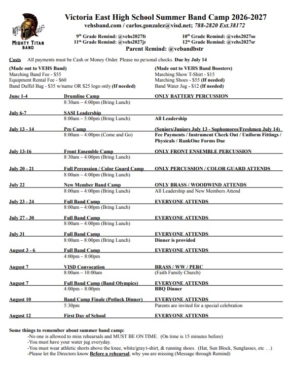 Summer Band Calendar 2026