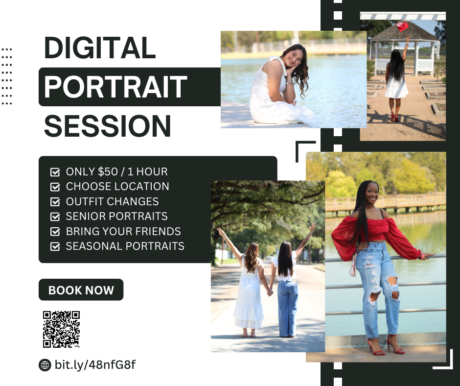 Sign up for a portrait session with a yearbook photographer and pay just $50 for a one hour session with outfit changes at the location of your choice and get digital senior portraits, cap and gown portraits, photos with your friends, or seasonal portraits.